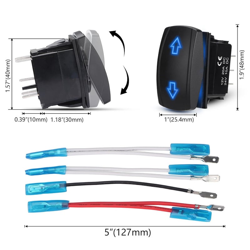 Weasch Up Down Carling Motor Polarity Reverse Momentary Rocker Switch, (ON) Off (ON) DPDT 7 Pin, 20A 12V 10A 24V, with Jumper Wires for Car Boat Truck Trailer, Blue - Image 5